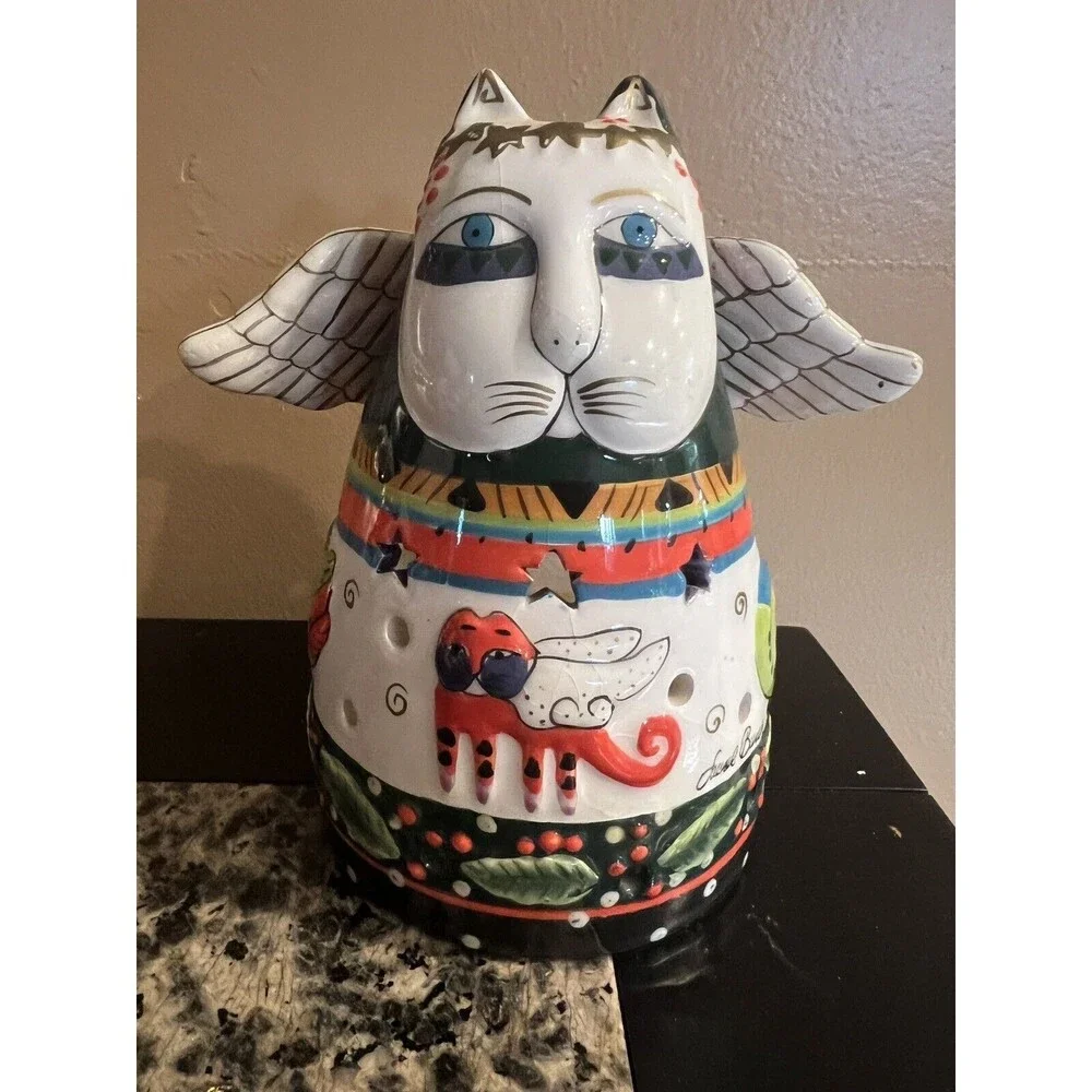 Laurel Burch Votive stand Angel Cat Tealight Bella Casa Ganz Wings Holly Berries